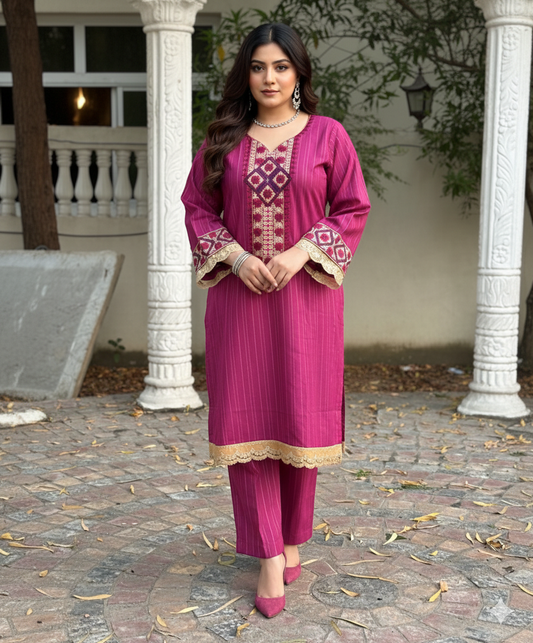 2 pc Embroidered purple Gold khaddar