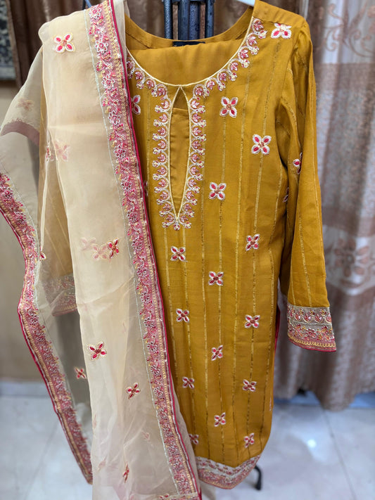 3 pc alpine velvet mustard embroidred with organza dubta