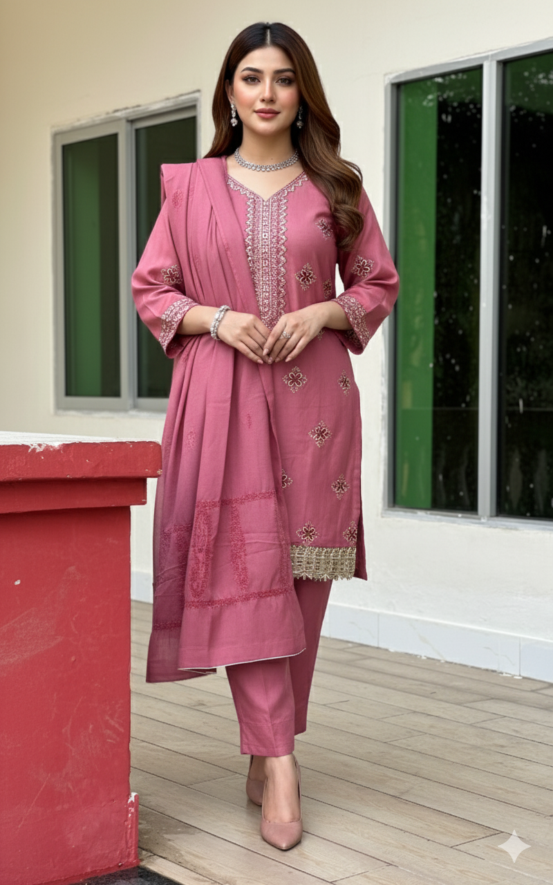 3 pc Embroidered dusky rose-pink velvet