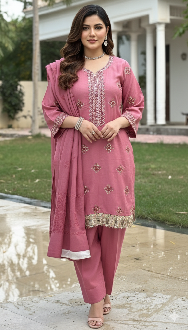 3 pc Embroidered dusky rose-pink velvet