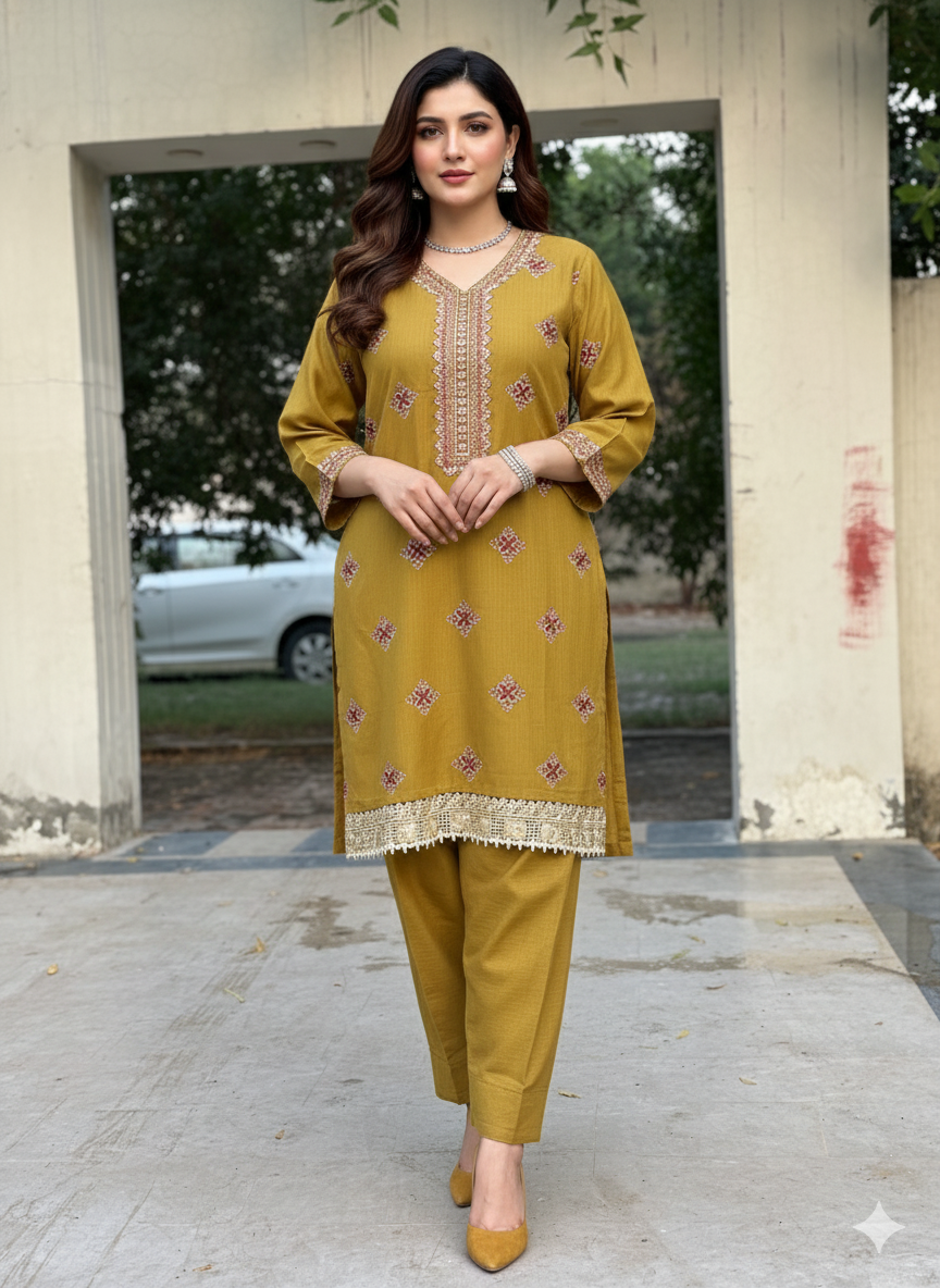 3 pc stitched embroidered olive Green