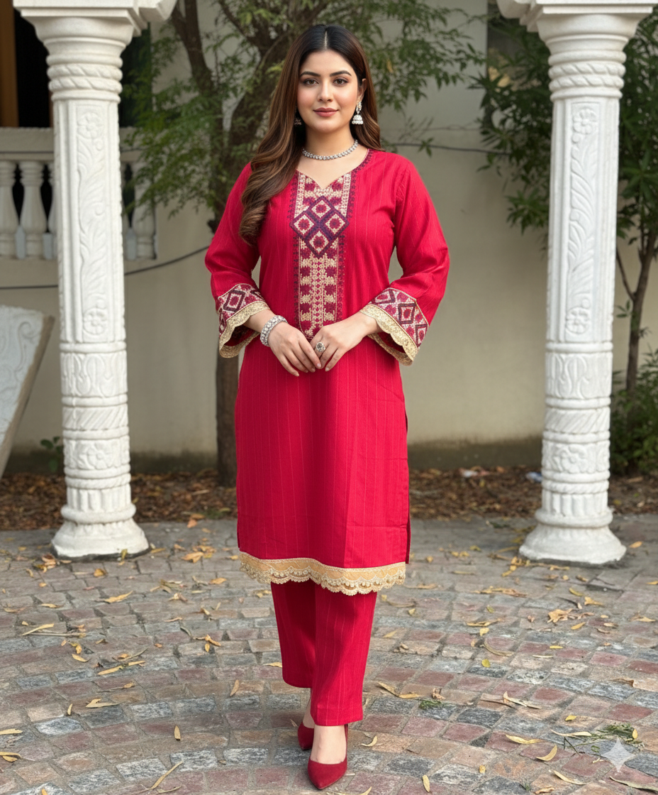2 PC Embroidered  Red Gold khaddar