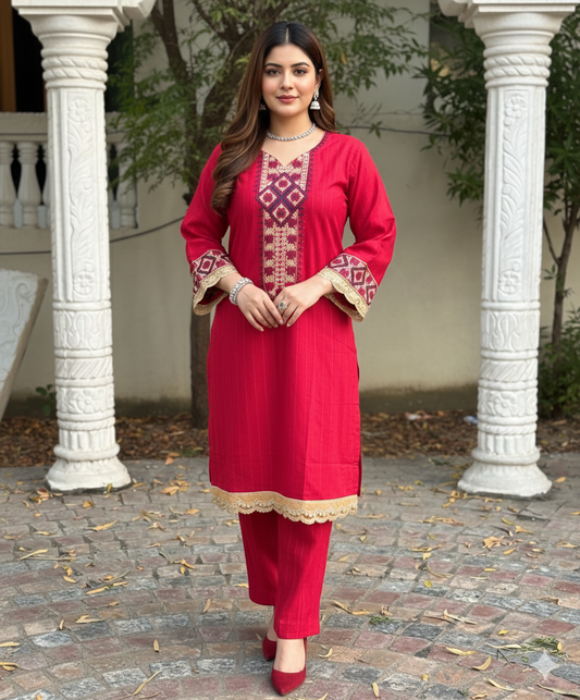 2 PC Embroidered  Red Gold khaddar