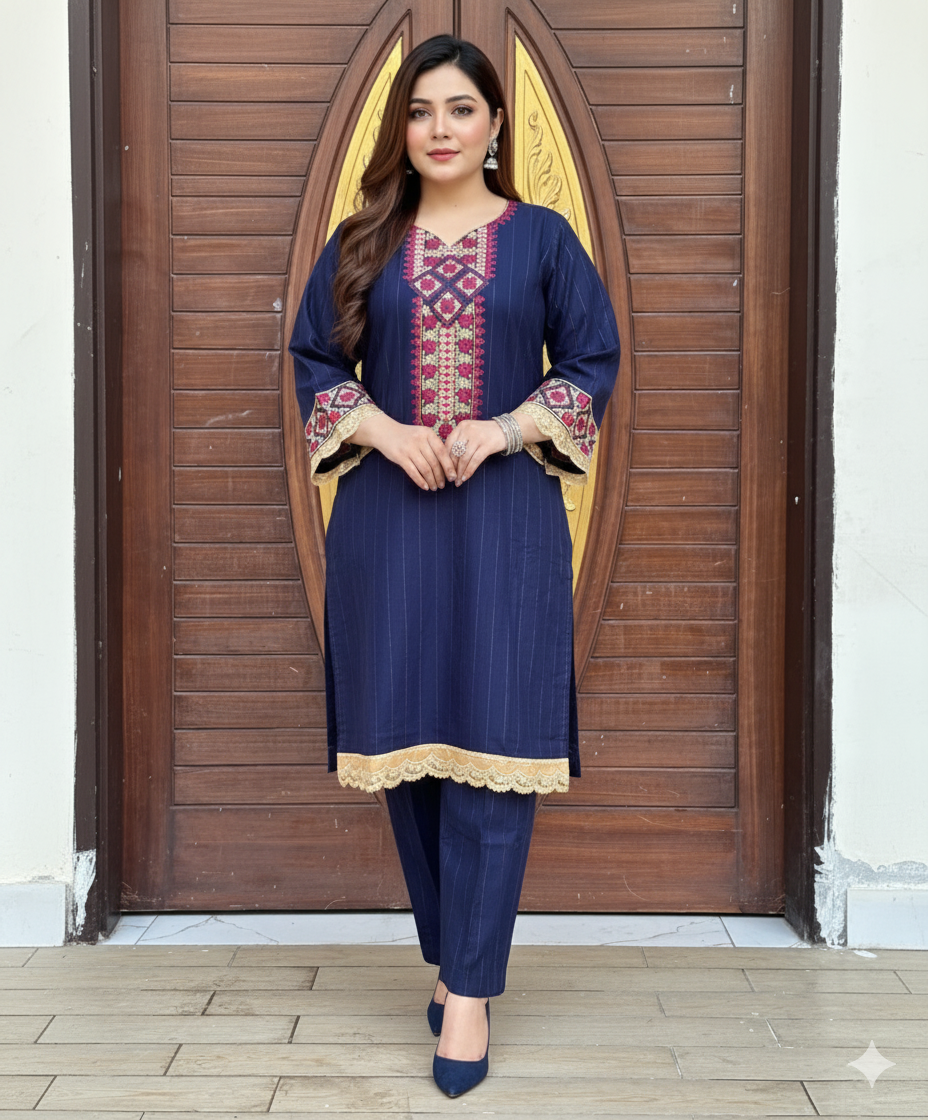 2 Pc Embroidered Nevy Blue khaddar