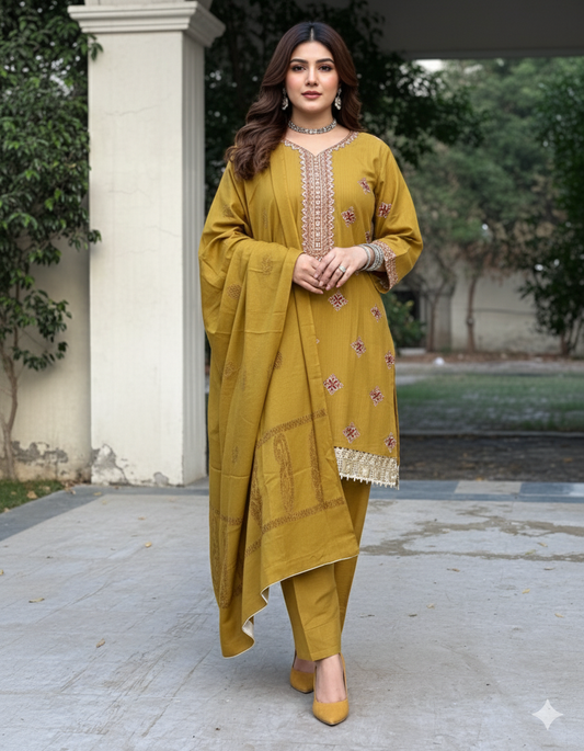 3 pc stitched embroidered olive Green