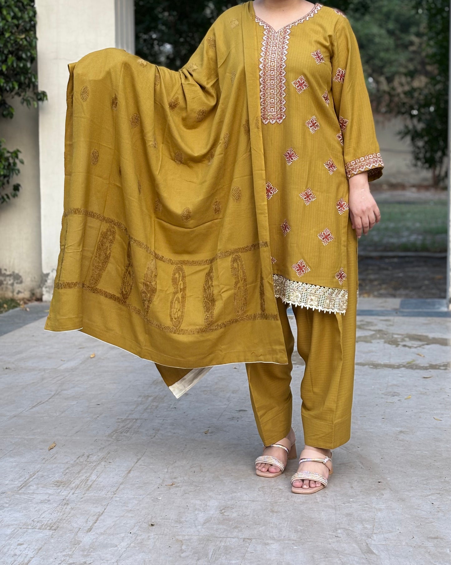 3 pc stitched embroidered olive Green