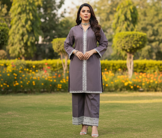 2PC EMBROIDERD GREY KHADDAR