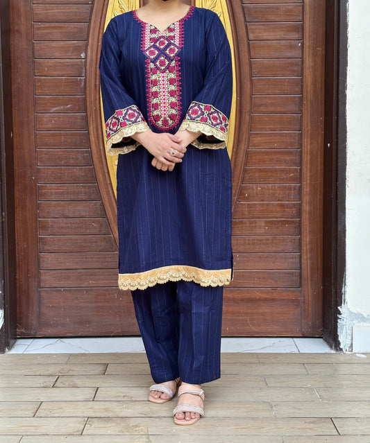 2 Pc Embroidered Nevy Blue khaddar