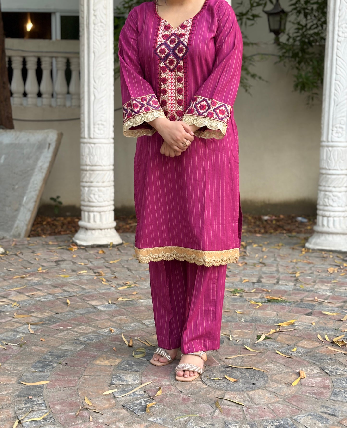 2 pc Embroidered  purple Gold khaddar