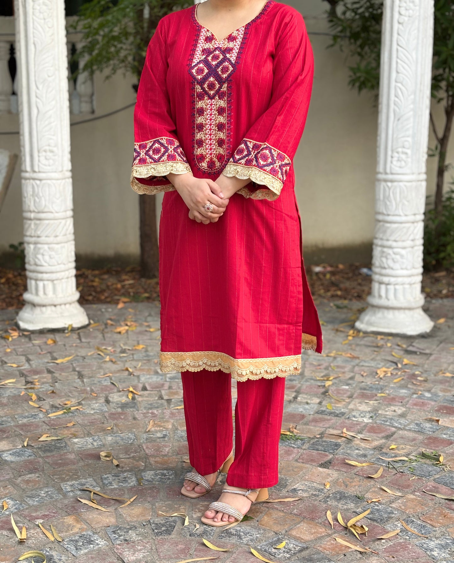 2 PC Embroidered  Red Gold khaddar