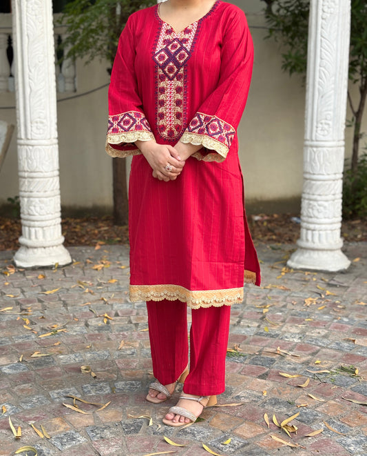 2 PC Embroidered  Red Gold khaddar