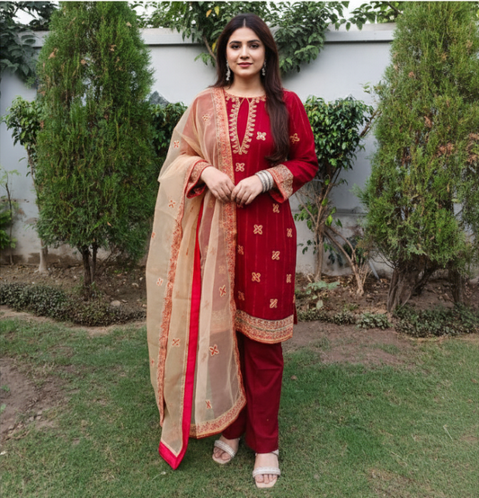 Alpine Velvet Maroon Embroidered  3 Pc