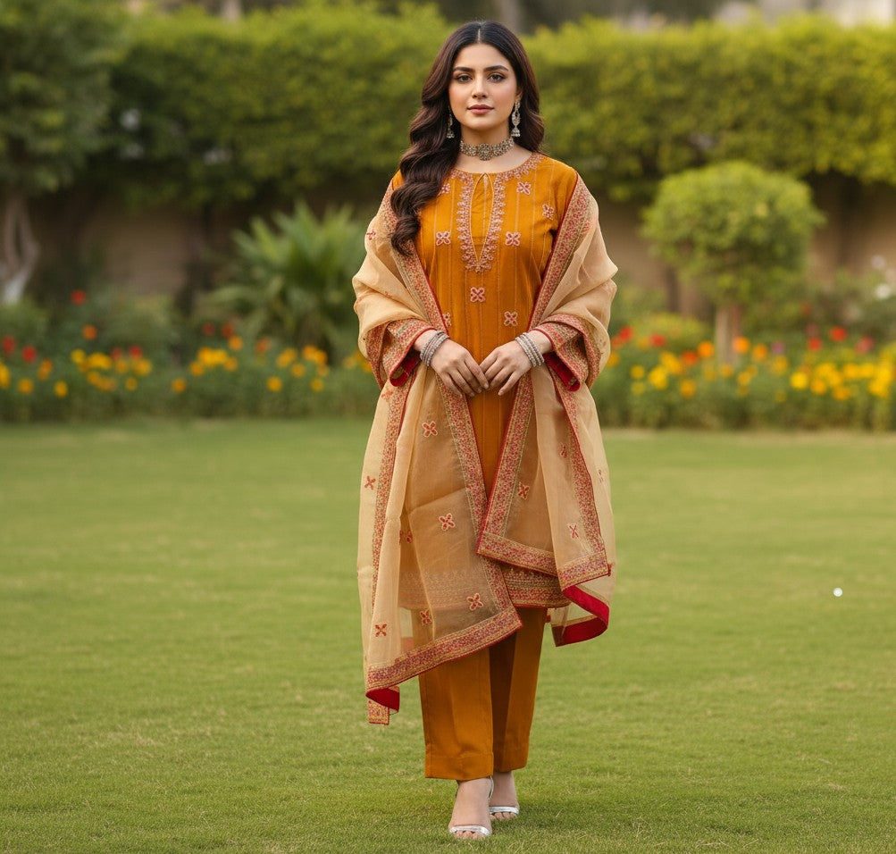 3 pc alpine velvet mustard embroidred with organza dubta